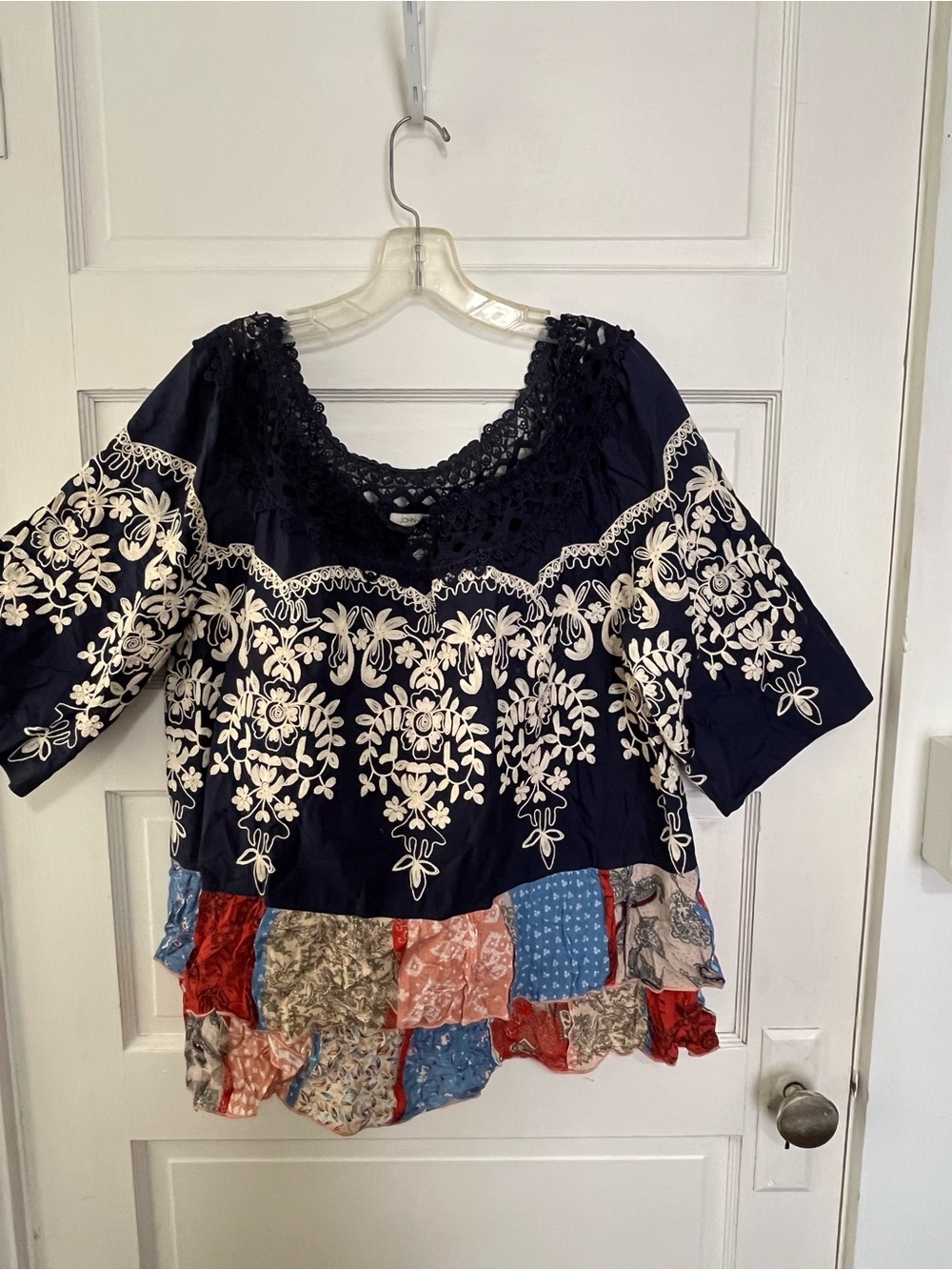 John Mark Boho Embroidered Navy Women's Peasant Top XL